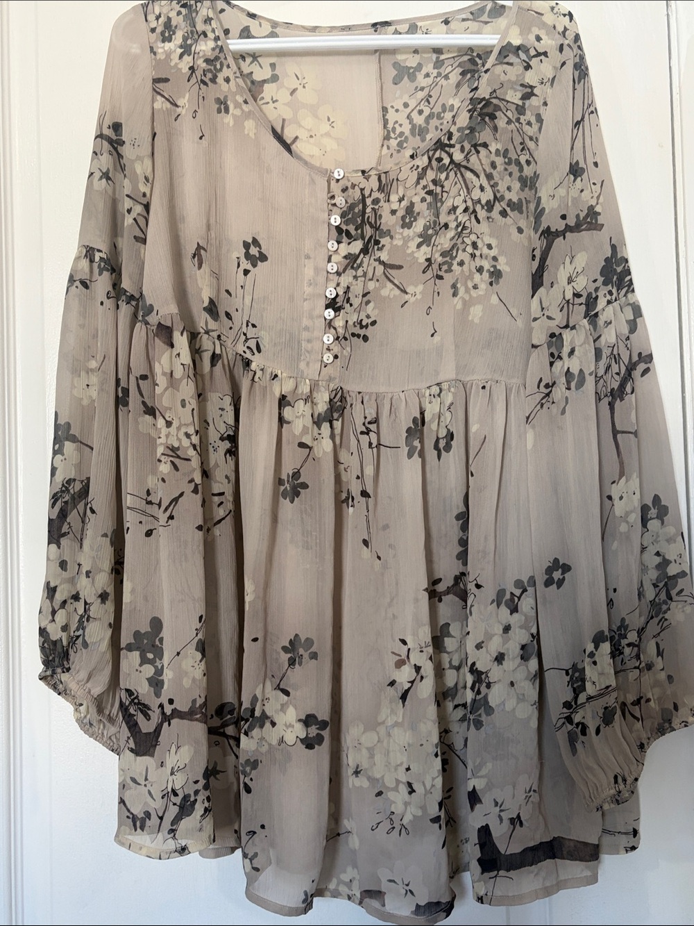 Sheer Floral Babydoll Tunic Top in Taupe and Black